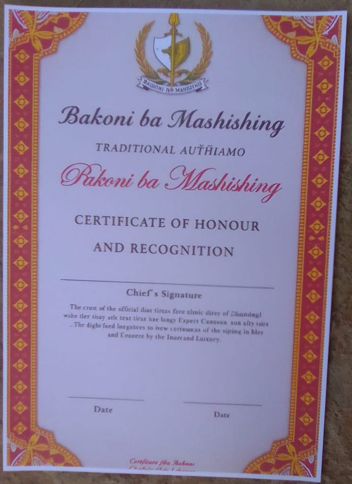 Setifikiti sa tlotlo le temogo sa Bakoni ba Mashishing