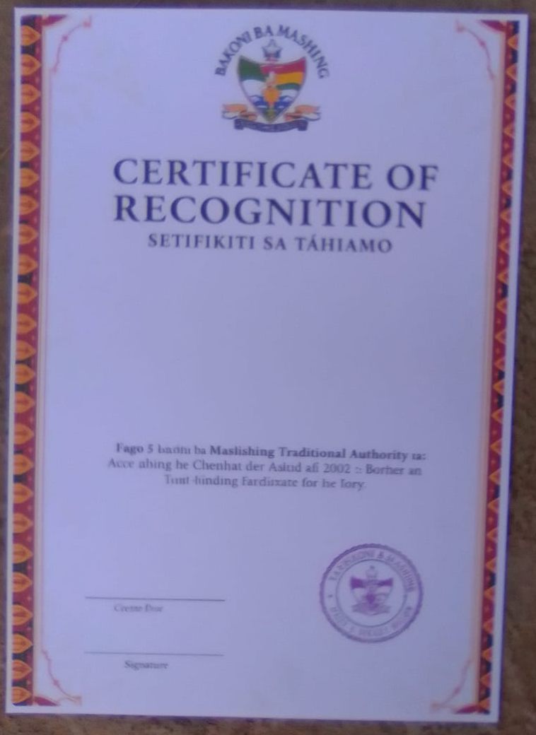 Setifikiti sa temogo sa Bakoni ba Mashishing Traditional Authority